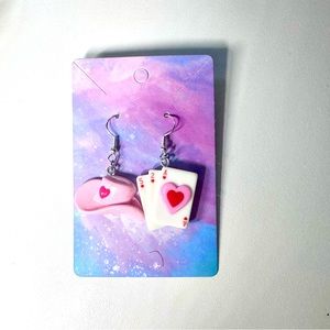 Cowgirl hat and playing card pink stainless steel hook earrings